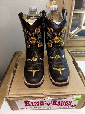 Kids Brown Cowboy Boots with Yellow Sunflower Embroidery from Mexico